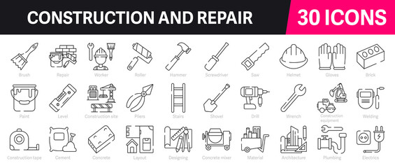 Construction and Repair Outline Vector Icon Collection. A set of outline icons related to Tools, equipment, Plumbing, Design, Roller, Construction site and more. Editable stroke. Vector illustration