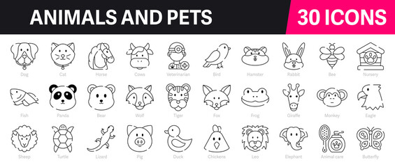 Animals and Pets Outline Vector Icon Collection. A set of outline icons related to Dog, Cat, Tiger, Monkey, Veterinarian, Animal Care, Fish and more. Editable stroke. Vector illustration