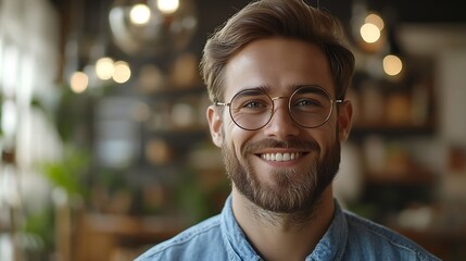 Close up shot of cheerful satisfied attractive male with stubble has broad smile wears round spectacles rejoices success at work stands against cozy interior Fashionable designer glad  : Generative AI