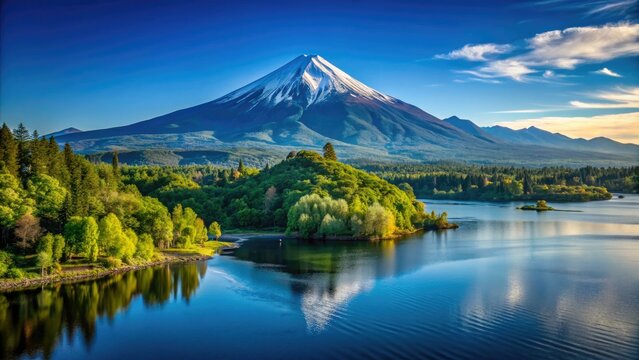 Majestic Villarrica volcano towers above serene Lake Villarrica, surrounded by lush green forests and rolling hills in Pucon, Chile's scenic Lake District.