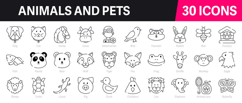Animals and Pets Outline Vector Icon Collection. A set of outline icons related to Dog, Cat, Tiger, Monkey, Veterinarian, Animal Care, Fish and more. Editable stroke. Vector illustration