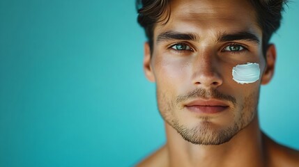 Fototapeta premium Close up shot of attractive man with healthy skin applies cream for anti wrinkle or anti aging cares of body poses naked or shirtless isolated over blue background with free space for : Generative AI