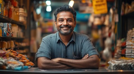 Obraz premium Indian Shopkeeper with Bright Smile at Grocery Counter