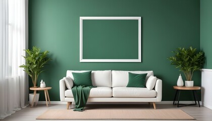 Interior mockup In a white room a blue sofa is placed next to a photo frame on the wall