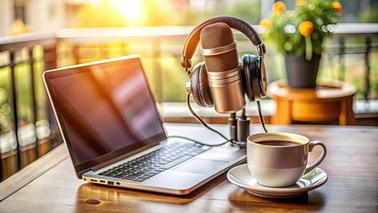 Microphone and headphones on a desk in front of a laptop with a podcast editing software interface open, surrounded by notes and coffee cups.