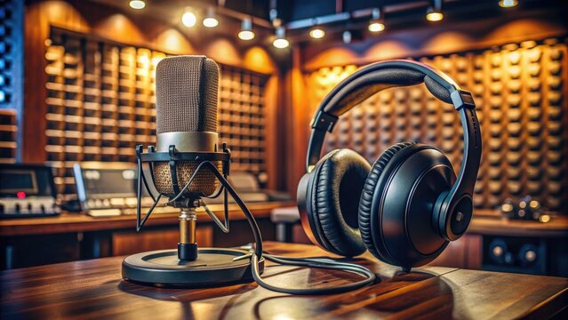 Microphone And Headphones Set Up On A Table In A Recording Studio