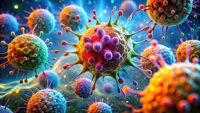 Microscopic illustration of cancer cells being attacked and destroyed by immune system cells, showcasing the power of immunotherapy in fighting cancer.