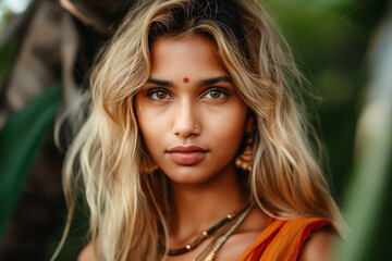 Naklejka premium A woman with blonde hair and brown eyes is wearing an orange dress