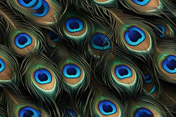 A seamless peacock feather pattern with vibrant blue green and gold eyespots, AI Generated