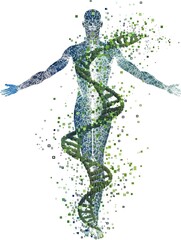 Obraz premium A digital human silhouette made of green leaves and a spiral DNA strand, surrounded by squares on a white background.