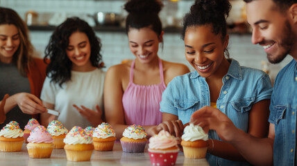 A group of people are making cupcakes together