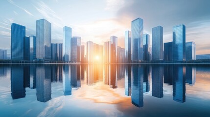 Fototapeta premium A breathtaking image of towering skyscrapers mirrored in the calm water below, highlighting the sleek, modern architecture against a tranquil backdrop