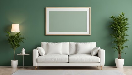 Interior mockup In a white room a blue sofa is placed next to a photo frame on the wall