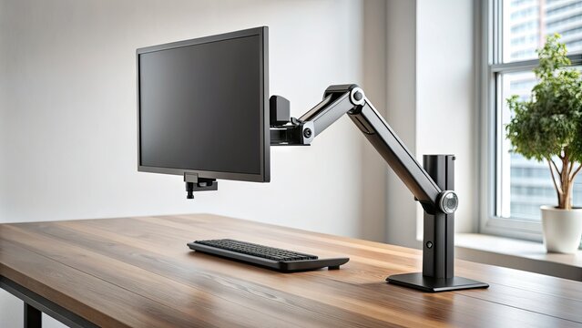 Modern adjustable arm mount holds a sleek flat-screen monitor at a comfortable viewing height, perfect for ergonomic workspace or gaming setup.