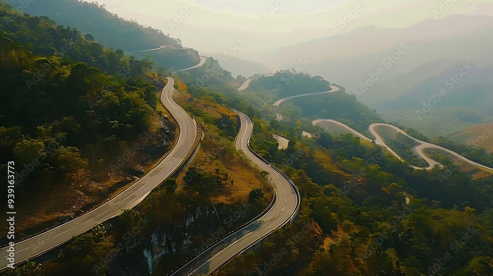 Poster aerial top view drone shot road no1081 or shape number three of winding mountain road between pua di