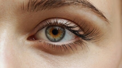 Fototapeta premium A woman's eye with brown lashes and a green iris