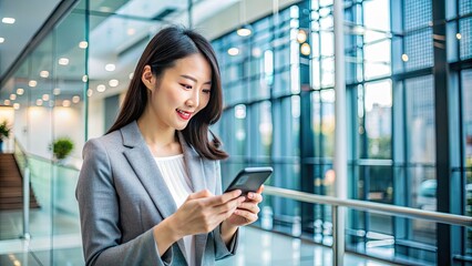 Modern Asian woman using mobile banking app on smartphone at a sleek, high-tech banking center with sleek lines and natural light in the background.