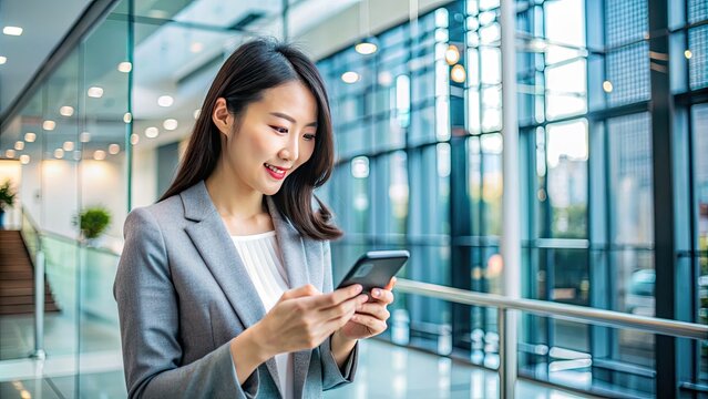 Modern Asian woman using mobile banking app on smartphone at a sleek, high-tech banking center with sleek lines and natural light in the background.
