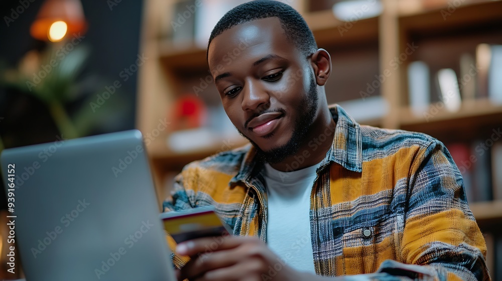 Poster african american man in casual shirt paying with credit card online while making orders via the inte