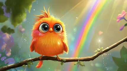 Fototapeta premium A cheerful cartoon bird with big eyes and fluffy feathers, perched on a branch with a bright rainbow in the background