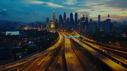 Obraz premium Low angle curvy flyover highway moving forward road with kuala lumpur cityscape evening scene view : Generative AI
