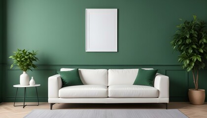Interior mockup In a white room a blue sofa is placed next to a photo frame on the wall