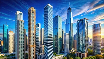 Modern Cityscape Featuring Towering Skyscrapers With Geometric Facades And Sleek Lines Against A Clear Blue Sky