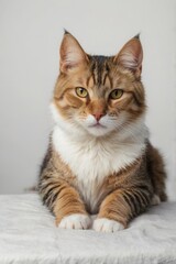 Obraz premium A cat with a yellowish green eye is sitting on a white surface