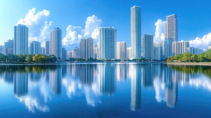 A city skyline with skyscrapers reflecting perfectly in the water, capturing the beauty of urban architecture in a serene,