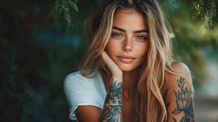 Naklejka premium Horizontal portrait of pleasantlooking Caucasian female with long hair pink on tips having tattooes on arms wearing white casual Tshirt covering her face with hair looking happily in c : Generative AI