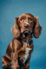 A brown dog with a blue collar is sitting on a blue background
