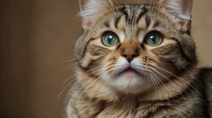 A cat with green eyes stares at the camera