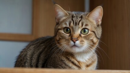A cat with green eyes is sitting on a wooden surface