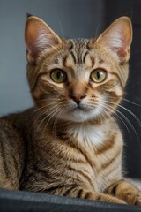 Obraz premium A cat with a greenish yellow eye is sitting on a surface