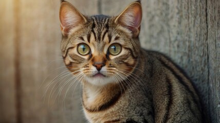 Obraz premium A cat with green eyes is sitting on a wooden wall