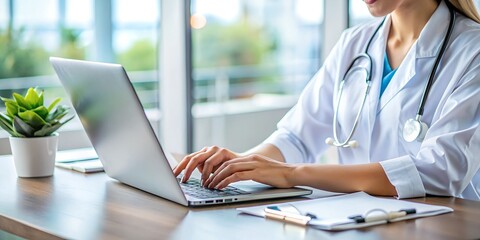A close-up of a healthcare professional typing on a laptop, emphasizing the role of technology in modern medicine and patient care.