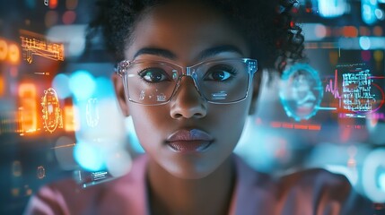 Selfconfident black scientist in glasses and pink shirt using futuristic touchscreen display drawing charts and diagrams looking at the camera People and future technology concept Doub : Generative AI