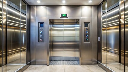 Modern elevator control panel with digital display and buttons, stainless steel doors open to a well-lit and spacious elevator car interior with mirrors and handrails.