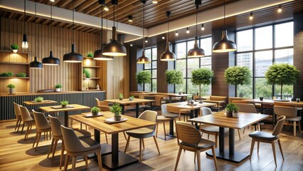 Fototapeta premium Modern empty restaurant interior with wooden tables, chairs, and decorative lighting, perfect for customizing with your own menu, logo, and branding elements.