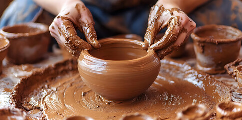 Potter making pot with clay in workshop closeup