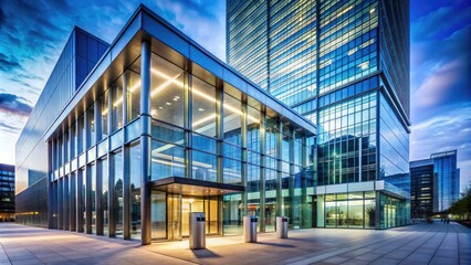Modern financial institution with sleek glass and steel architecture, integrating advanced digital technology and innovative banking systems for efficient customer transactions.