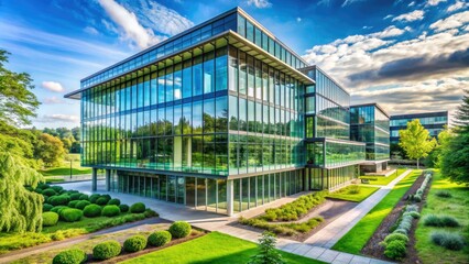Fototapeta premium Modern flat design architecture of a research building with sleek glass and steel facade, surrounded by lush greenery and a vibrant cityscape background.