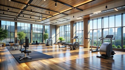 Modern fitness studio interior with sleek equipment, polished wooden floors, and large windows, offering a spacious and well-lit environment for effective workouts.