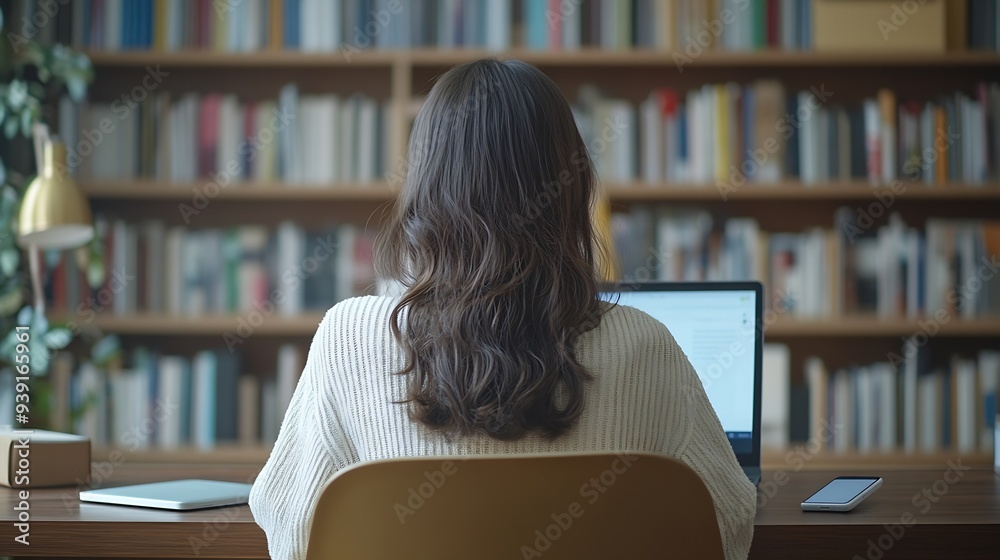 Aufkleber Rear view of high school girl using laptop for doing homework browsing Internet searching for required information sitting at desk with mobile phone with copy space screen lying next t : Generative AI