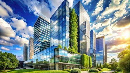 Obraz premium Modern glass skyscraper exterior with sleek architecture and lush greenery surrounding the building, set against a bright blue sky with puffy white clouds.