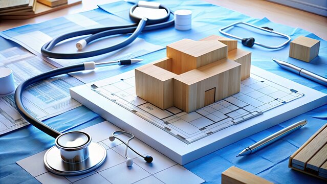 Modern hospital architectural blueprint with blocks and pins on a desk, surrounded by medical equipment and papers, representing healthcare facility planning and design.