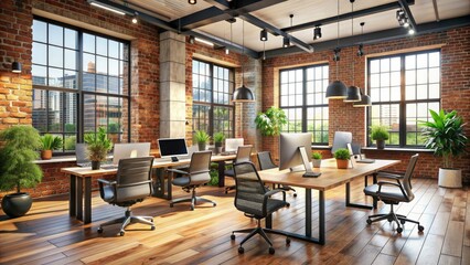 Obraz premium Modern industrial-chic coworking space with exposed brick walls, wooden floors, and minimalist decor, featuring sleek desks and ergonomic chairs under natural light.