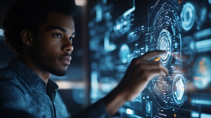 Visual effects Future technology touch screen interface Handsome African American businessman in shirt touching screen interface drawing a chart in futuristic office Selective focus on : Generative AI