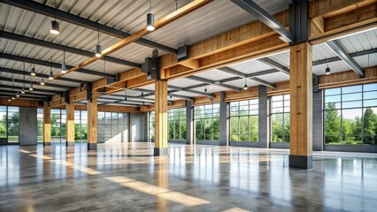 Modern industrial interior features exposed laminated timber beams and columns, sleek concrete floors, and large windows letting in abundant natural light.