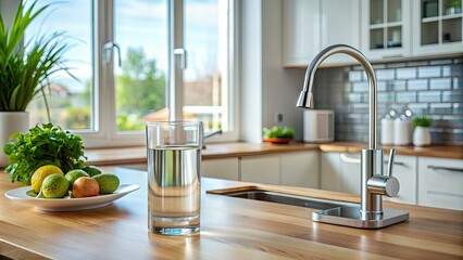 Modern kitchen countertop with sleek water purification system and empty glass, symbolizing clean drinking water and healthy hydration in a comfortable home setting. © Sirinporn
